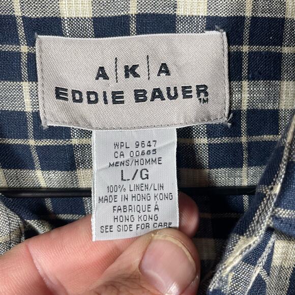 AKA Eddie Bauer Button Up Shirt Men's Large Blue Plaid Long Sleeve 100% Linen - Picture 5 of 10